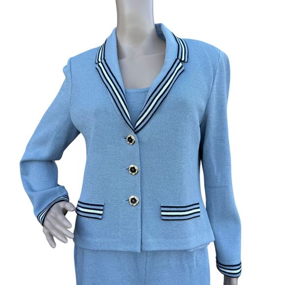 St. John 8 M 6 Santana Knit 3pc Pant Suit Set Light Blue Jacket Tank Pants - Picture 6 of 16